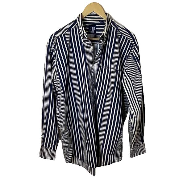 VTG 90s GAP Button Up Shirt Blue Vertical Stripe Classic Men Sz Med - Picture 8 of 13